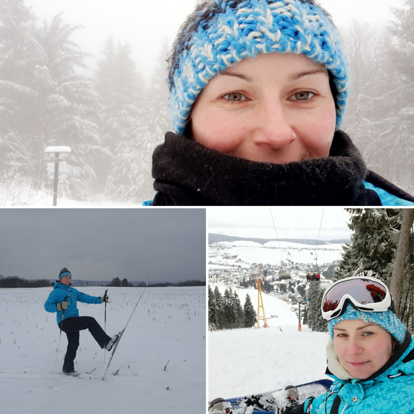 Fotomontage die Bilder von Claudia Theer beim Wintersport zeigen.