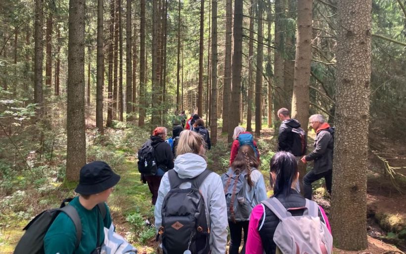Schülerinnen und Schüler der Erzieherausbildung der DPFA Chemnitz wandern durch die Bäume im Wald..