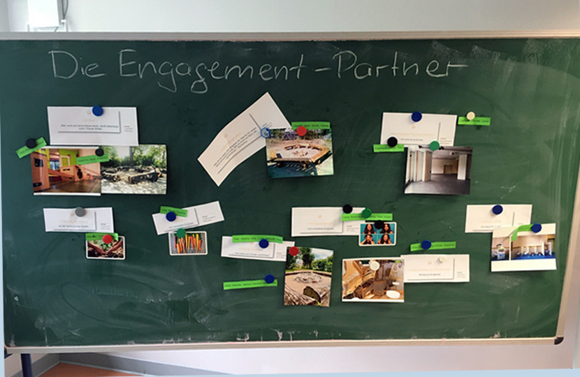 An einer grünen Schultafel steht die Überschrift "Die Engagement-Partner". Darunter sind fünf Zettelgruppen mit Bildern und Infos zu den Einrichtungen.